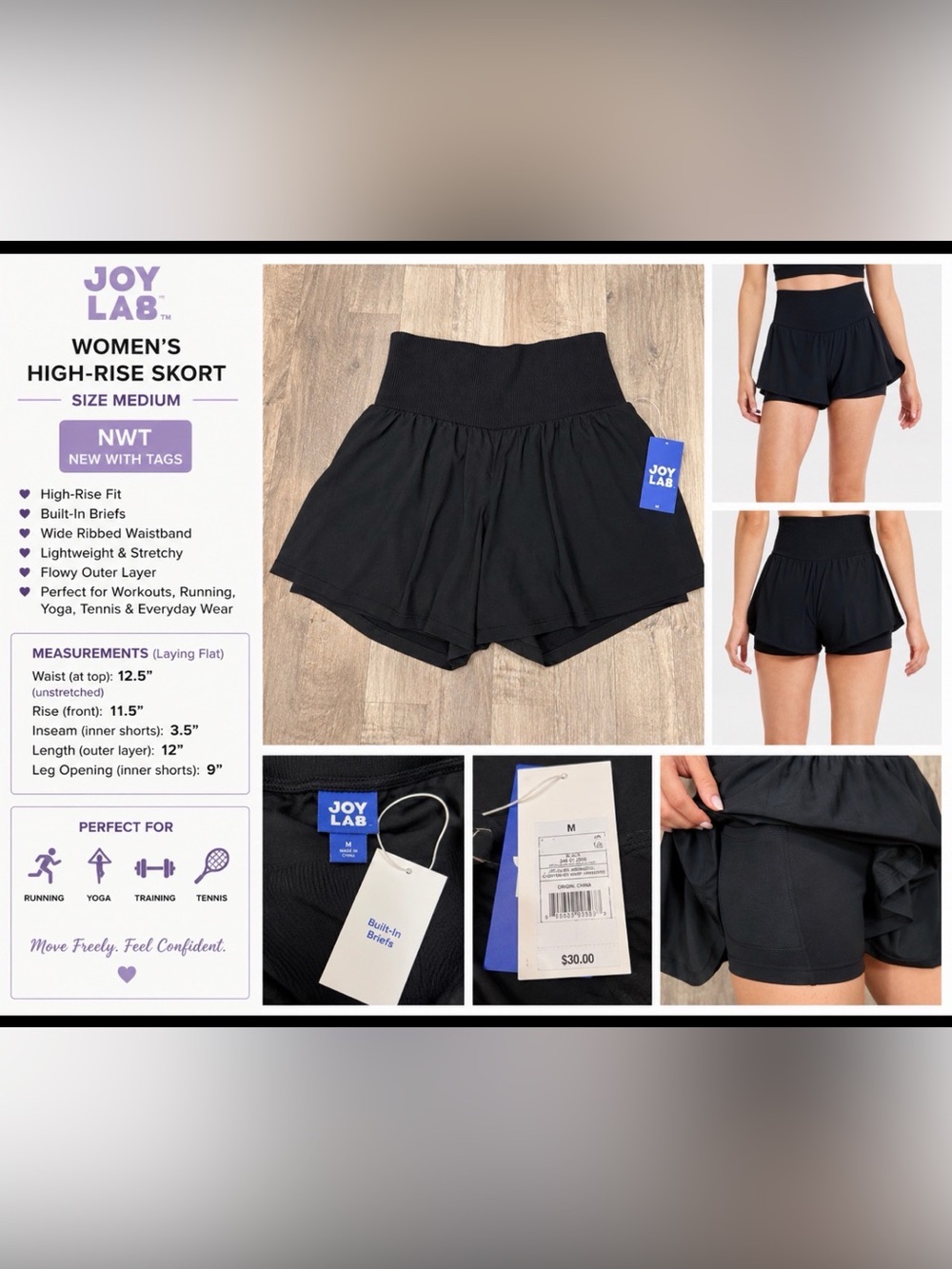 NWT JoyLab Women’s High-Rise Running Skort Shorts – Black – Size Medium
